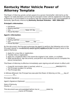 Free Motor Vehicle Power of Attorney Form for the State of Kentucky