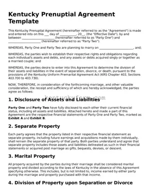 Free Prenuptial Agreement Form for the State of Kentucky